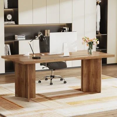 Deep Desks You'll Love | Wayfair Center Room Desk, Desk Vintage, Vintage Home Office, Home Office Computer Desk, Living Room Corner, Office Computer Desk, Large Desk, Executive Desk, Conference Table