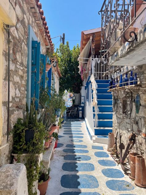 The blue street in Samos Greece Greece Streets Aesthetic, Greece Streets, Tinos Greece, Samos Greece, Mediterranean Aesthetic, Greece Beach, Samos, Greek Island, Athens Greece