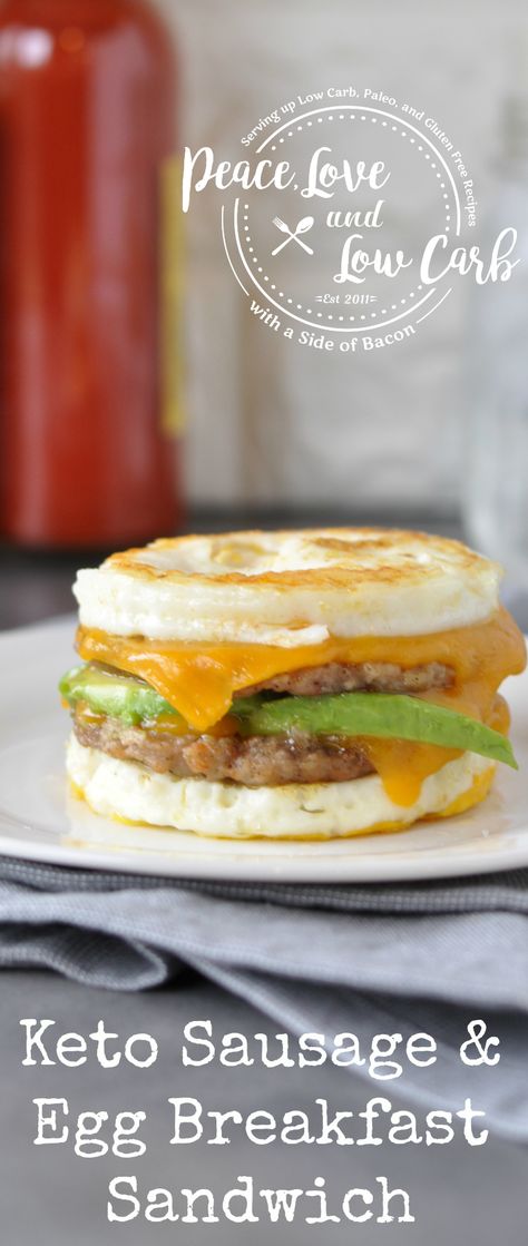 Keto Sausage and Egg Breakfast Sandwich | Peace Love and Low Carb via @PeaceLoveLoCarb Keto Breakfast Sandwich, Egg Breakfast Sandwich, Sausage And Egg Breakfast, Peace Love And Low Carb, Keto Sausage, Egg Sandwich Breakfast, Desayuno Keto, Fit Meals, Breakfast Sandwich Recipes