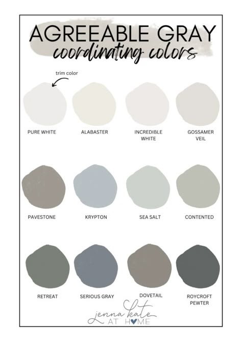 Agreeable Gray Coordinating Colors, Popular Sherwin Williams Paint Colors, Gray Coordinating Colors, Agreeable Grey Color Scheme, Grey Color Pallets, Sherwin Williams Agreeable Gray, Neutral Kitchen Colors, Perfect Greige, Agreeable Gray Sherwin Williams