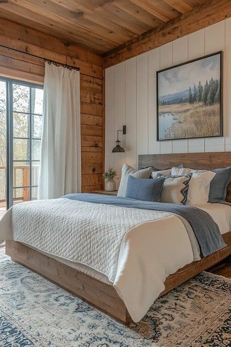 29 Small Cabin Interior Bedroom Ideas That Blend Comfort With Charm - Courtneys World Cabin Like Bedroom Ideas, Vertical Paneling Bedroom, Small Lake House Bedroom Ideas, Cabin Primary Bedroom, Small Mountain Cottage Interior, Mountain House Bedroom Ideas, Lake House Bedroom Ideas Master Suite, Modern Cabin Bedroom Ideas, Cabin Bedrooms Ideas