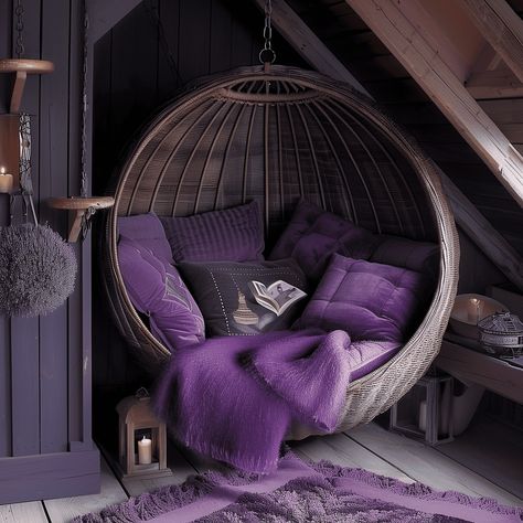 Lavender Boho Chic Reading Nook [Room Inspiration] Purple Reading Nook, Hanging Wicker Chair, Lavender Boho Bedroom, Reading Nook Room, Reading Nook Boho, Chic Reading Nook, Book Boho, Chill Space, Small Room Ideas