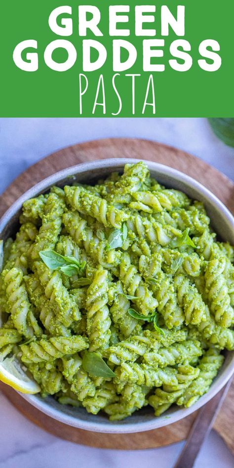 This Green Goddess Pasta with Parmesan is bright, flavorful and packed with tons of fresh herbs!  If you're craving a meal that feels like spring in a bowl, this easy pasta recipe is it!  The green goddess sauce is made using basil, cilantro, parsley, garlic and green onion.  It packs a perfect punch and goes so well with the creaminess and saltiness of the parmesan cheese.  Enjoy warm for dinner or chilled for a picnic side dish.  #pastasalad #greengoddess #springrecipe #vegetariandinner Creamy Green Pasta, Pasta With Cilantro, Green Noodles Pasta, Green Goddess Pasta Sauce, Green Pesto Pasta Recipes, Green Sauce Pasta, Collard Greens Pasta, Green Dinner Ideas, Cilantro Pasta