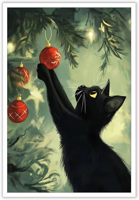 Black Cat Christmas, Merry Christmas Cat, Christmas Tree Canvas, Winter Living Room, Cartoon Trees, Christmas Canvas Art, Under The Christmas Tree, Wall Art Funny, Tree Cat