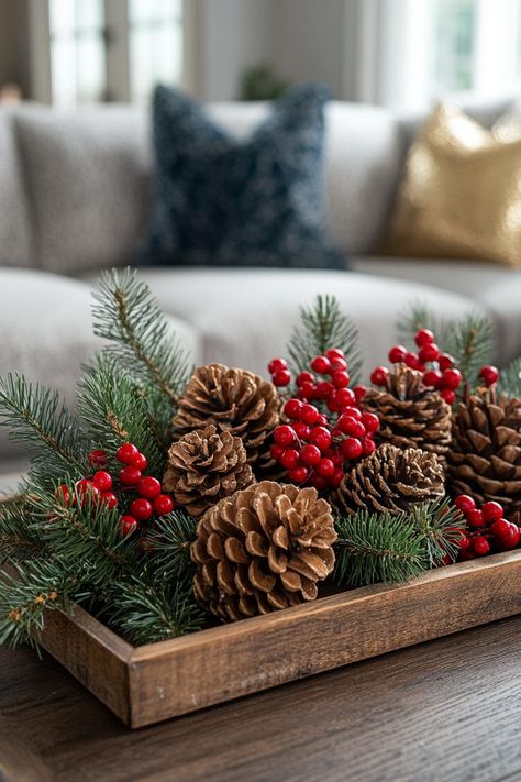 Christmas Furniture Ideas, Decor For Tables In Living Room, Diy Table Decor Christmas, Decoration For Christmas Table, Simple Christmas Decorations Ideas, Christmas Decoration Living Room Ideas, Christmas Decor On Table, Sofa Table Behind Couch Christmas Decor Ideas, Christmas Holiday Table Decor