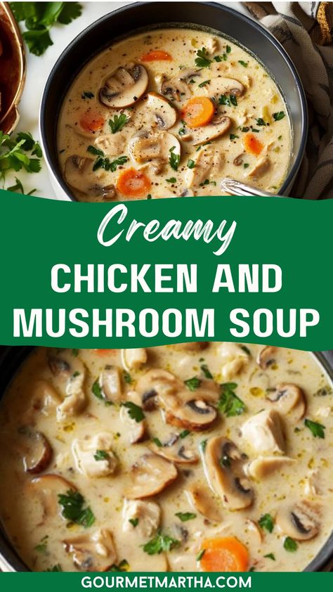 A hearty, comforting recipe that's bursting with flavor! This velvety soup is packed with tender chicken, earthy mushrooms, and a rich, creamy broth, perfect for chilly nights. Save this recipe for an easy dinner. #chickensoup #comfortfood #souprecipes #easymeals #dinnerideas #homemadesoup #creamysoup #familydinner #onepotmeal #cozyrecipes Chicken Mushroom Soup Recipe, Mushroom Soup Chicken, Chicken Mushroom Soup, Chicken Broth Soup, Creamy Wild Rice Soup, Cream Of Mushroom Chicken, Cream Soup Recipes, Creamy Mushroom Chicken, Asparagus And Mushrooms