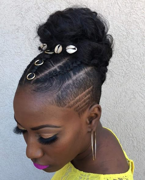 Pony tail Braided Hair With Shaved Sides And Back, Shaved Sides Updo Black Women, Shaved Sides Updo, Undercut Wedding Hairstyles, Ponytail With Shaved Sides And Back, Cornrows With Shaved Sides, Sleek High Ponytail, Side Ponytail Hairstyles, Braids With Shaved Sides