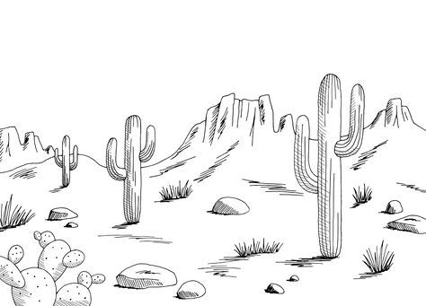 Desert graphic black white landscape sketch illustration vector Black White Landscape, Arizona Tattoo, Desert Graphic, Arizona Landscape, Western Landscape, Landscape Sketch, White Landscape, Black And White Landscape, Wood Burning Crafts