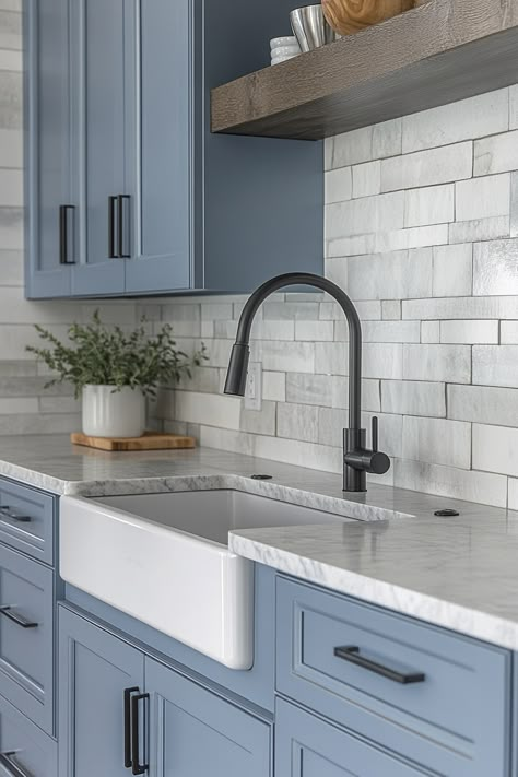 Black Kitchen Faucet Blue Cabinets, Blue Kitchen Black Hardware, Blue Kitchen Black Handles, Blue Kitchen With Black Handles, Light Blue And Black Kitchen, Blue Kitchen Cabinets With Black Handles, Blue Cabinets Black Hardware, Blue And Grey Kitchen, Blue Grey Kitchen