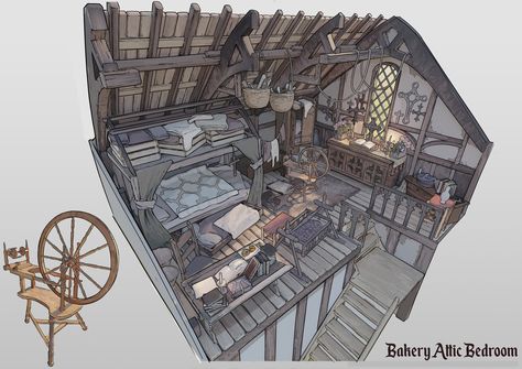 ArtStation - Arthurian Kingdom - Bakery Attic Bedroom, Oliver Medak Interior Concept Art, Bg Design, Fantasy Rooms, Isometric Art, Interior Illustration, Attic Bedroom, Fantasy House, Fantasy City, Fantasy Setting