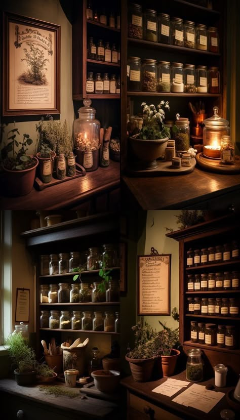 Dark Academia Apothecary, Witches Spice Cabinet, Basement Apothecary, Apothecary Esthetics, Witch Apothecary Aesthetic, Herbalist Room, Home Apothecary Room, Apothecary Shelves, Herbalist Aesthetic