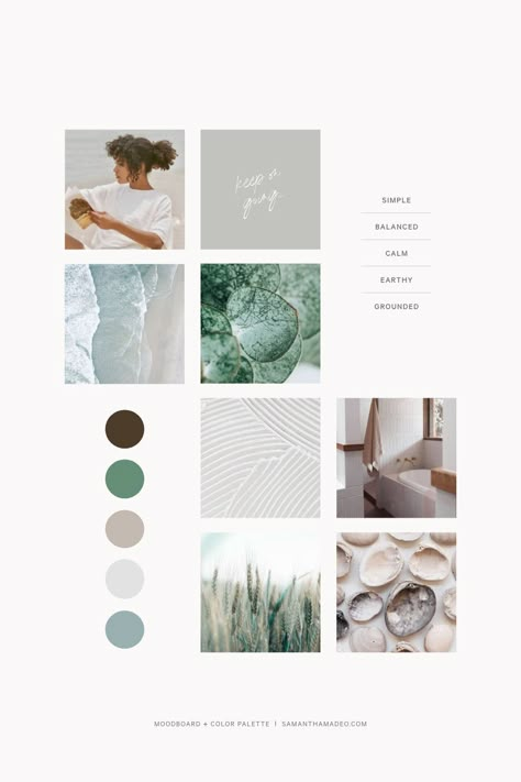 This board is calm and grounded. The imagery feels clean, minimal, and laidback. The muted, low contrast color palette plays into the soothing and tranquil aesthetic. This moodboard would be perfect for a wellness business, beauty, or spa. Modern, nature inspired color palette of blues, greens, and muted neutrals. Faded, soft, earthy Summer color palette How To Create Mood Boards, Moodboard Layout Ideas, Colour Palette Moodboard, Branding Colors Mood Boards, Clean Moodboard, Yoga Profile, Contrast Color Palette, Simple Moodboard, Moodboard Examples