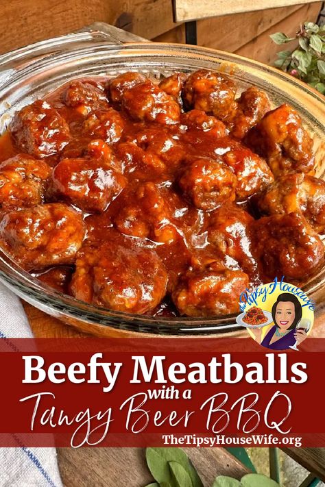 The photo shows meatballs in delicious sauce. Made with ground beef and a delicious sauce made from ketchup, brown sugar, white wine vinegar and Worcestershire - perfect for fall parties and football tailgates. The brightly colored banner displays the name of the recipe, "Beefy Meatballs With A Tangy Beer BBQ." Chili Sauce Meatballs, Tipsy Housewife Recipes, Easy Meatball Recipes, Beer Bbq Sauce, Housewife Recipes, The Tipsy Housewife, Tipsy Housewife, Easy Meatball, Meatloaf Meatballs