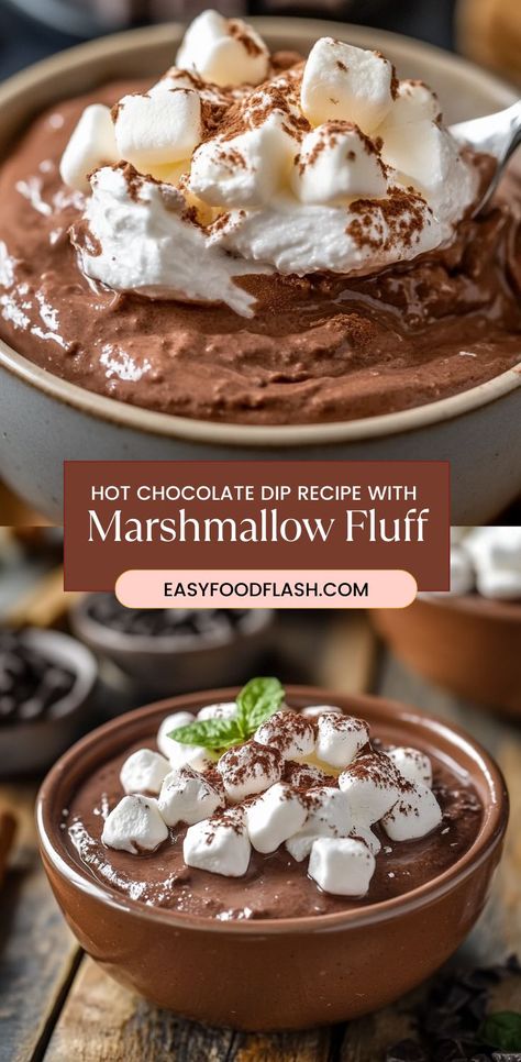 This creamy, indulgent Hot Chocolate Dip with Marshmallow Fluff combines the rich flavors of hot chocolate with the sweetness of marshmallow crème. It's the perfect dip for winter gatherings or cozy nights in. Paired with your favorite dippers like graham crackers, Oreos, and marshmallows, this dessert dip is sure to be a hit. Hot Chocolate Dip Recipe, Recipes Using Marshmallows, Hot Chocolate Dip, Marshmallow Crème, Winter Marshmallows, Chocolate Dip Recipe, Marshmallow Fluff Recipes, Marshmallow Desserts, Chocolate Dipped Marshmallows