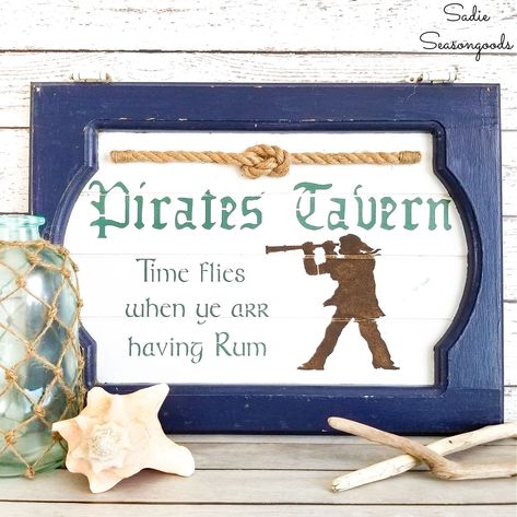 Pirate Sign as Nautical Wall Decor by Upcycling a Cabinet Door Cabinet Door Crafts, Pirate Wall Decor, Cabinet Door Ideas, Pirate Signs, Window Frame Decor, Chalkboard Projects, Basket Makeover, Upcycled Decor, Pirate Stuff