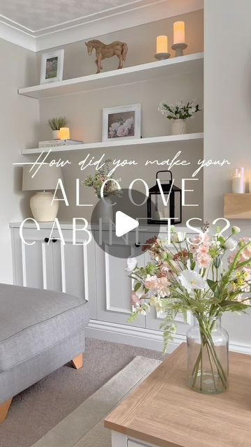 Katie | Home & lifestyle creator on Instagram: "Alcove cabinet Q&A 🌿  Today I’m answering one of my most commonly asked questions - how did you make your alcove cabinets? This is by far my favourite part of the living room and has really helped us to create a modern country space.  Our fab joiner made and fitted these for us and they’re made entirely from MDF. Here’s how it was done;  The cabinet carcasses were assembled elsewhere and then fitted. We added pine moulding from @bandq_uk to the doors and some simple black handles from @amazonuk.  To keep costs down but retain a premium look, the cabinet tops and shelves were made from two 18mm sheets of MDF joined together. It’s very difficult to see the join once they’re sanded, primed and painted.  The shelves are attached to the wall via Shelving Ideas For Alcoves, Alcove Shelves Decor, Alcove Decorating Ideas Living Room, Wide Alcove Shelving, Sitting Room Units, Cabinet Furniture Living Room, Large Alcove Ideas Living Room, Living Room Alcoves, Alcove Cabinets Living Room