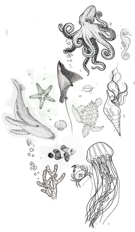 Sea Life Leg Sleeve Tattoo, Ocean Theme Leg Tattoo, Beach Tattoo Ideas Sleeve, Ocean Coral Tattoo, Marine Life Sleeve Tattoo, Aquatic Sleeve Tattoo, Ocean Animal Tattoos Sea Creatures, Marine Biology Tattoo Ideas, Mermaid Tattoo Sleeve Ocean Themes