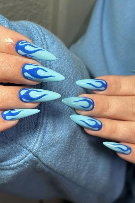 Hot Blue Flame Nails Fall Nail Styles, Bright Summer Nails Designs, Flame Nails, Dark Blue Nails, Bright Summer Nails, Nails Arts, Blue Polish, Blue Tips, Stylish Nails Designs