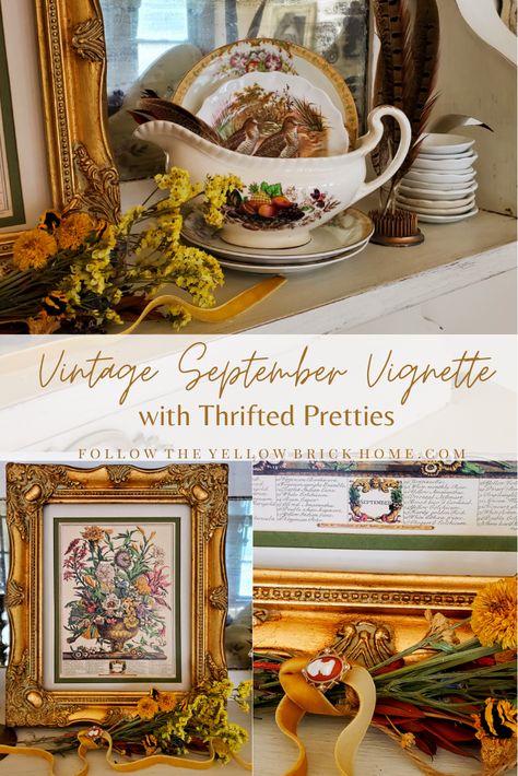 A Vintage September Vignette with Thrifted Pretties (and a Little Extra Fall Inspiration) Fall Vignettes Display, Autumn Vignettes, Fall Vintage Decor, Fall Vignettes Decorating Ideas, Victorian Fall Decor, Vignettes Styling Display Ideas, Fall Booth Displays Vintage, Vintage Fall Decor Ideas, Thanksgiving Dining Room