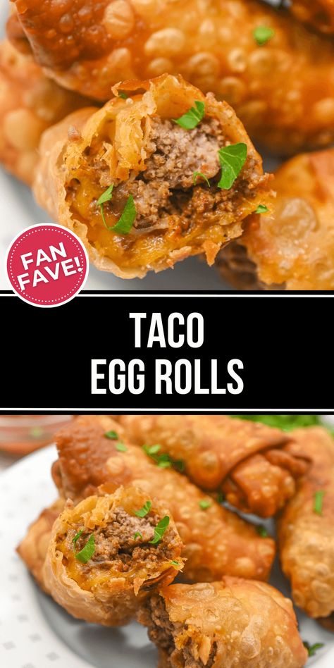 These Taco Egg Rolls are the perfect fusion recipe.  It combines the best of both worlds Asian and Mexican. They are a crispy and flavorful appetizers. Eggroll Wraps Recipes, Taco Spring Rolls, Egg Roll Flavors, Mexican Eggroll, Meatless Egg Rolls, Egg Roll Tacos, Easy Eggroll Ideas, Egg Rolls Ideas, Cuban Egg Rolls