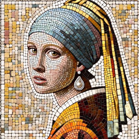 The Girl with the Pearl Earring as a mosaic like the Pompeii roman style Gaudi Mosaic, Girl With The Pearl Earring, Op Art Lessons, Mosaic Art Diy, Mosaic Portrait, Glass Mosaic Art, Roman Style, Art Parody, Wallpaper Nature Flowers