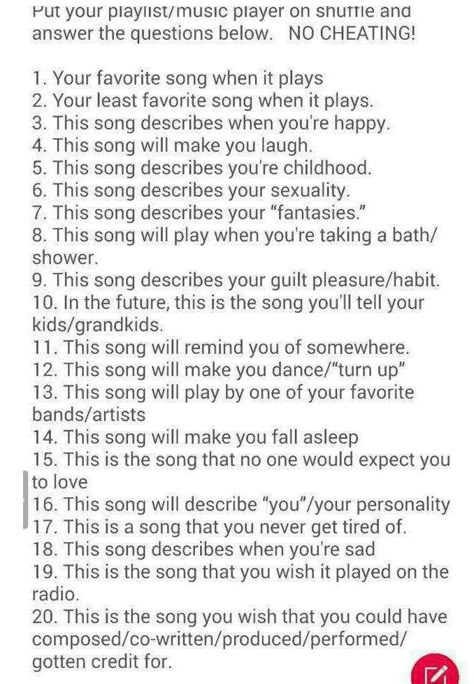 Music Shuffle Game Shuffle Challenge, Music Challenge, Sense Of Entitlement, Oc Challenge, Song Challenge, What To Do When Bored, Song Suggestions, Sleepover Things To Do, Music Recommendations