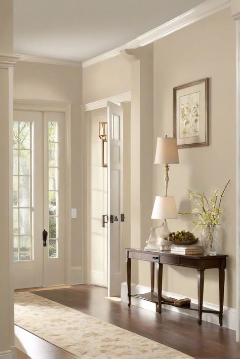 paint color consult, interior design consultation, interior design styles, home decor trends Pale Oak Walls Benjamin Moore, Eggshell Wall Color, Light Entryway Paint Colors, Wainscoting Color Ideas Living Room, Cream Walls With White Trim Living Room, Passive Sherwin Williams Color Scheme, Ivory Wall Paint Living Room, Bm Pale Oak Coordinating Colors, Entry Way Colors Paint Foyers