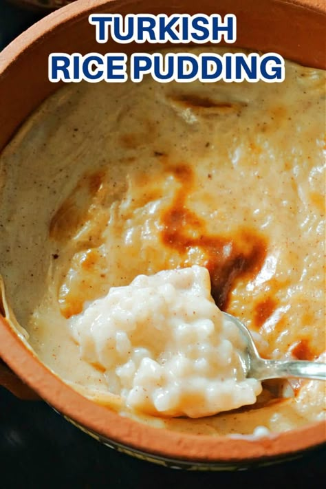 Turkish Rice Pudding, a thick, creamy and rich sweetened rice pudding that is partially cooked on the stove, then baked in the oven to get a lovely brown crust and a nice caramelisation. It's a comforting sweet dish that can be served as a dessert throughout the year, and it can be as simple or as garnished as one wishes. Rice Pudding Cake Nigella, Japanese Rice Pudding, Home Made Rice Pudding, Rice Pudding Pie, Turkish Rice Pudding, Sutlac Recipe, Baked Rice Pudding Oven, Swedish Rice Pudding Recipe, Turkish Rice Pudding Recipe