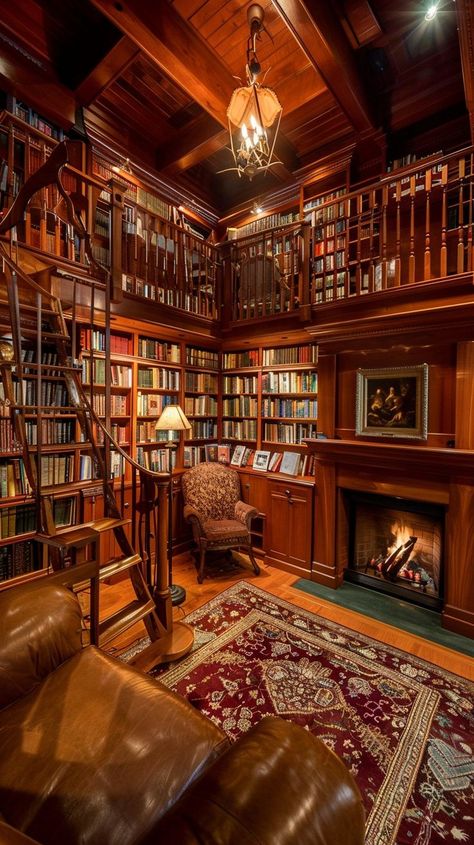 Luxurious home library with rich wood paneling, fireplace, leather chairs, and spiral staircase filled with books. A cozy haven for book lovers. Library With Spiral Staircase, Classic Library Aesthetic, Old Style Library, Country House Library, Home Library Dark Wood, Home Library Classic, Amazing Home Library, Cozy House Library, Cottage Library Aesthetic