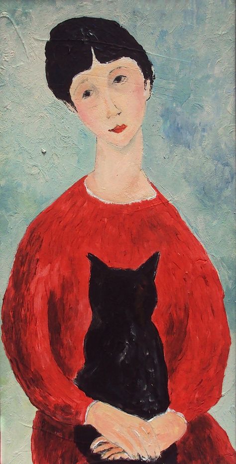 'girl, red dress, black cat' by amedeo modigliani Modigliani Portraits, Modigliani Art, Modigliani Paintings, Amedeo Modigliani, Italian Painters, Wallpaper Cave, Naive Art, Cat Painting, Funny Art