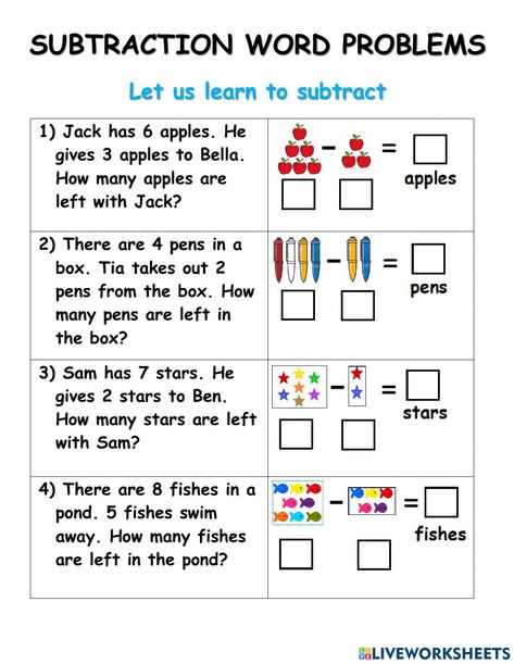 Math Word Problems For Kindergarten, Word Problem Subtraction Grade 1, First Grade Math Word Problems, Simple Math Word Problems, Kindergarten Math Word Problems, Math Problems For Kindergarten, 1st Grade Math Worksheets Word Problems Addition And Subtraction, Addition Word Problems Grade 1, Subtraction Word Problems Grade 1