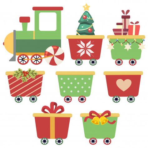 Collection of cute train with wagons Pre... | Free Vector #Freepik #freevector #freechristmas #freechristmas-tree #freetree #freewinter Christmas Train Illustration, Christmas Train Drawing, Christmas Sock Ideas, Work Christmas Decor, Front Yard Christmas, Winter Train, Train Template, Sock Ideas, Train Illustration