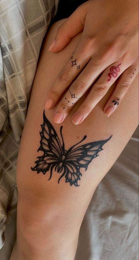 Delicate Grunge Tattoo, Butterfly Tattoo For Leg, Upper Leg Tattoos For Women Thigh Tat Butterfly, Edgy Butterfly Tattoo Designs, Thigh Goth Tattoo, Tattoo Butterfly Thigh, Black Goth Tattoo, Goth Star Tattoo, Butterfly Tattoo Upper Thigh