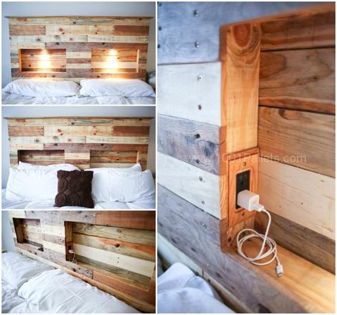 #Light, #PalletBed, #PalletHeadboard A cool headboard made from recycled pallets and with integrated lights! Pallet Headboard With Lights, Diy Pallet Headboard, Rustic Wooden Headboard, Headboard Headboard, Pallet Bed Headboard, Cool Headboards, Pallet Headboard Diy, Pallet Bed Frames, Diy Pallet Bed