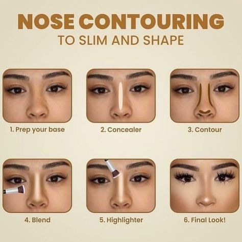 Nose contouring to slim and shape tutorial 😍 | Instagram Makeup For Slim Face, Nose Contouring Tutorial Step By Step, Make Up Tutorial Pictures, Face Contour For Round Face, How To Contour Crooked Nose, Contour Large Nose, Nose Contour For Big Nose Tip, Fat Nose Contouring, Nose Contour For Different Noses