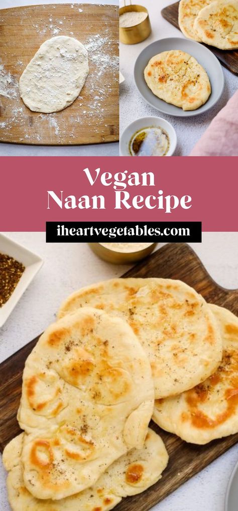 Make a batch of fluffy naan bread to serve with your favorite main dish! This vegan recipe doesn’t require any yogurt, so you can make delicious naan with just a few pantry staples! Naan Bread Vegan, Vegan Naan Bread, Pane Naan, Vegan Naan, Pain Naan, Homemade Flatbread, Flatbread Recipe, Vegan Substitutes, Garlic Naan