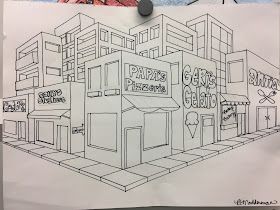 Streets Drawing Perspective, 1st Point Perspective, Bus Depot In 2 Point Perspective, City Two Point Perspective, Cute City Drawing, 2d Perspective Drawing, Two Point Perspective Drawing City, Two Point Perspective Street, Two Point Perspective Drawing Buildings