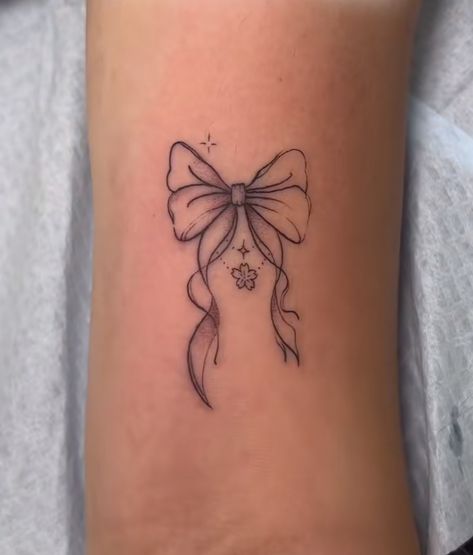 Tattoo Ideas Female In Spanish, Back Thigh Bow Tattoo, White Bow Tattoo, Cute Bow Tattoos Girly, Bow Tattoo Back Of Neck, 2-3 Inch Tattoos, Butterfly Bow Tattoo, Tattoo Ideas Big Pieces, Coquette Bow Tattoo