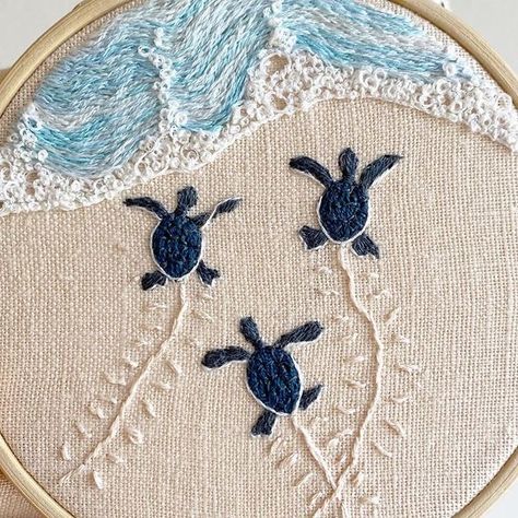 Beachy Embroidery Patterns, What Can You Do With Embroidery, Large Oval Embroidery Hoop Ideas, Blue Embroidery Ideas, Gayla Partridge Embroidery, Needle Point Art, Ocean Hand Embroidery, Fun Embroidery Designs, Ocean Embroidery Simple