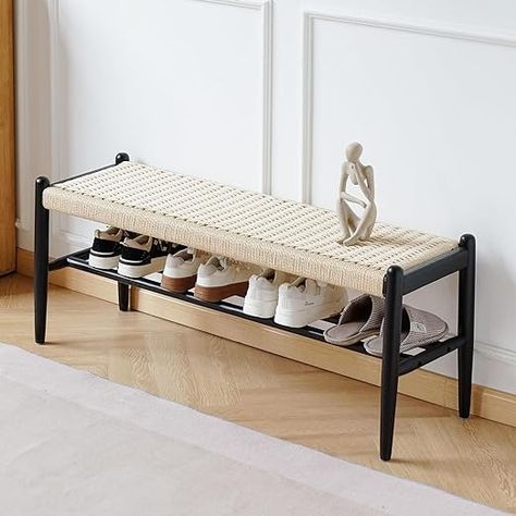 Amazon.com: XINNAN Solid Wood Entryway Bench with Shoe Storage, Rustic Oak Wood and Woven Design 45 Inch Long Seating for Living and Dining Rooms,Black : Home & Kitchen Entryway Bench With Shoe Storage, Small Entryway Bench, Wood Entryway Bench, Wood Entryway, Wood Shoe Storage, Shoe Storage Bench, Cozy Seats, Black Dining Room, Small Entryway