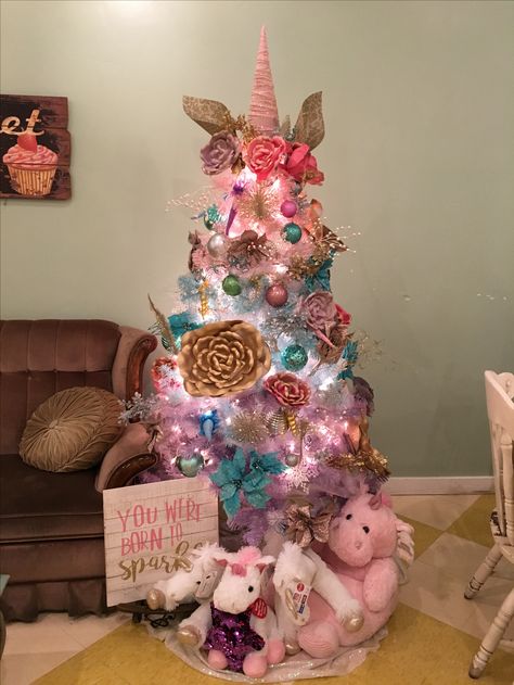 My unicorn tree. Spray painted it, added flowers, other decor, horn and ears. I hope this gets pinned a million times and I have inspired someone else on how to make a unicorn Christmas tree. Tree Unicorn, Unicorn Tree, Unicorn Christmas Tree, Christmas Tree Decorated, Unicorn Stuff, Unicorn Room, Unicorn Christmas, Diy Unicorn, Unicorn Ornaments