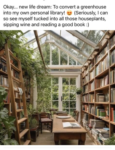 Glass Greenhouse Aesthetic, Garden Shed Library, Greenhouse Reading Room, Greenhouse Living Space, Reading Greenhouse, She Shed Book Nook, Glass She Shed, Outdoor Book Library, She Shed Library