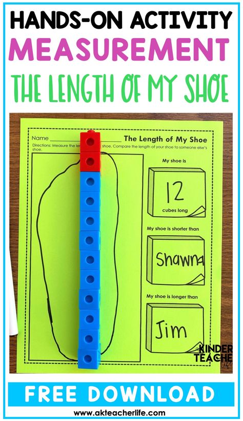 Non-standard measurement activity - students measure the length of their shoe using cubes. They compare the length of their shoe using longer and shorter. Free download! Measurement Activities Preschool, Measurement Preschool, Kindergarten Measurement Activities, First Grade Measurement, Math Measurement Activities, Easy Math Centers, Measurement Lessons, Nonstandard Measurement, Measurement Kindergarten