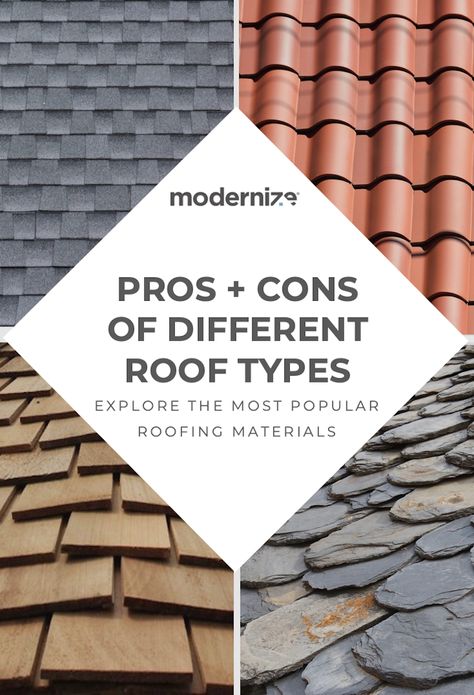 Homeowners in need of a roof replacement have multiple roofing materials available to them today with varying lifespans. Aside from their longevity, the different roofing materials each have their own characteristics—both positive and negative—that can have a significant impact on your investment. We explore the advantages and disadvantages of some of the most popular roofing materials preferred by homeowners. Find out what roof is right for you: Cleaning Baseboards Easy, Types Of Roof Shingles, Modern Roof Design, Types Of Roof, Roof Shingle, Diy Roofing, Roofing Business, Architectural Shingles Roof, Roof Sealant