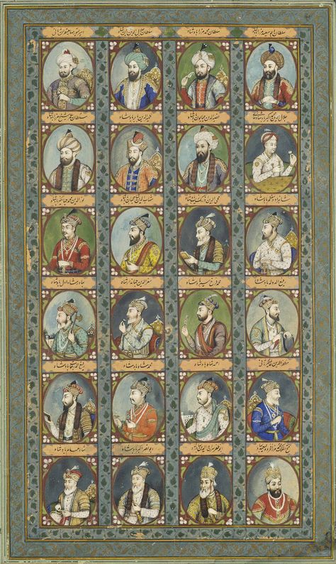 THE MUGHAL DYNASTY: A LARGE ILLUSTRATION OF TWENTY-FOUR MUGHAL EMPERORS AND PRINCES | DELHI SCHOOL, NORTH INDIA, CIRCA 1850 | Drawings & Watercolors, body colour / gouache | Christie's Safavid Empire, Art Deco Furniture Design, Bahadur Shah Zafar, Hinduism History, Indian Miniature Paintings, Mughal Miniature Paintings, Mughal Miniature, Book Art Sculptures, Mughal Emperor