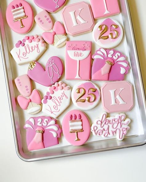 Pink Decorated Cookies, Pink Cookies Decorated, 25th Birthday Cookies, Barbie Cookies, Bday Cookies, Houston Eats, Cookie Platter, Decorate Cookies, Pink Cookies