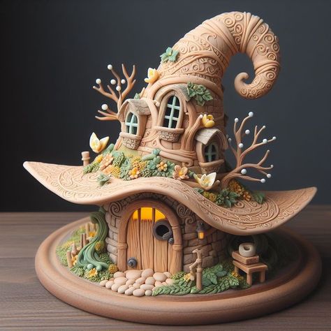 Fairy House Polymer Clay, Halloween Fairy House, Diy Clay Gnomes, Polymer Clay Sculpture Ideas, Clay House Ideas, Fairy House Clay, Polymer Clay Fairy Garden, Polymer Clay Fairy House, Polymer Clay House