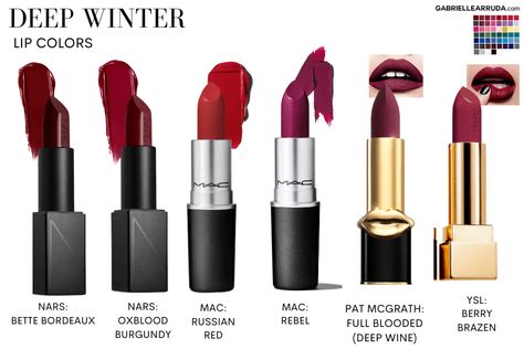 Lip Color For Deep Winter, Foundation For Deep Winter, Deep Winter Drugstore Lipstick, Lipsticks For Winters, House Of Colour Winter Makeup, Make Up For Deep Winter, Winter Pallete Makeup, Blush For Deep Winter, Dark Winter Spring Outfits