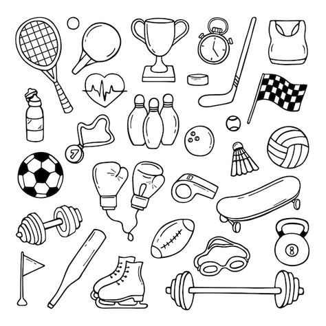 Sports Easy Drawing, Sports Balls Drawing, Cartoon Sports Drawings, How To Draw Sports Balls, Sport Balls Drawing, Sports Doodle Art, Sports Equipment Drawing, Sport Drawing Illustration, Sports Drawings Easy