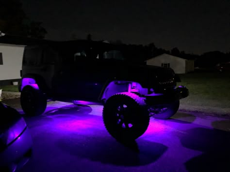 Lavender Jeep Wrangler, Black Jeep With Purple Accents, Jeep Wrangler Led Lights, Purple Jeep Wrangler, Vehicle Aesthetic, New Car Picture, Jeep Beach, Black Jeep Wrangler, Jeep Sahara